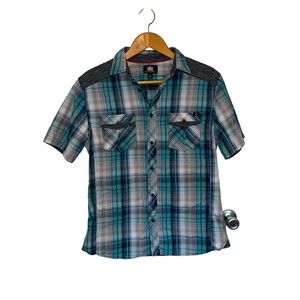 Rock & Republic Button Down Shirt Blue Gray Plaid Pockets